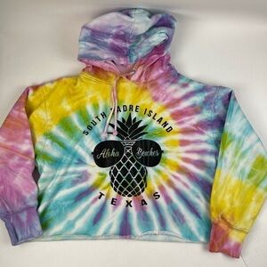 Destinations USA Crop Hoodie Womens XL Tie Dye Yellow Blue Pink South Padre